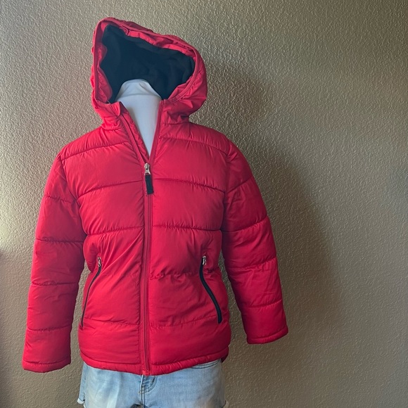 Medium ( 8 ) Red Hooded Puffy Jacket with Black Fleece Lining - Picture 2 of 8